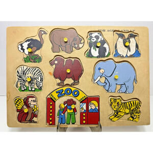 Vtg Animals Zoo Wooden Puzzle 10 Pieces Kids Nursery Decor Monkey Zebra